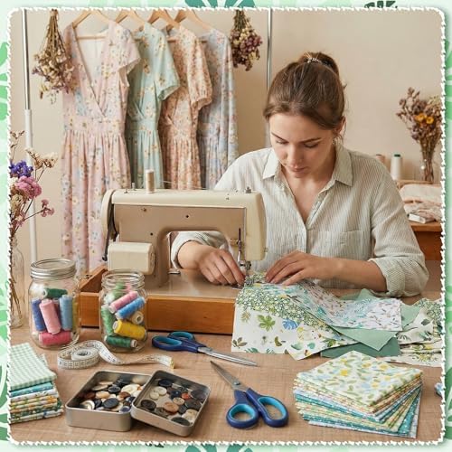 70 Pcs 10 x 10 Inch Green Floral Cotton Fabric Squares, Green Cotton Fabric Bundles Charm Packs, Precut Printed Patchwork Materials, Vintage Greenery Fat for Sewing Quilts and DIY Craft