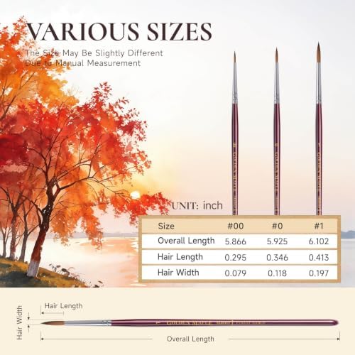 Kolinsky Sable Miniature Paint Brushes, Professional Fine Detail Paint Brushes, Golden Maple Round Point Paint Brush for Miniatures, Watercolor Details, Figures & Acrylic - Size 00, 0, 1