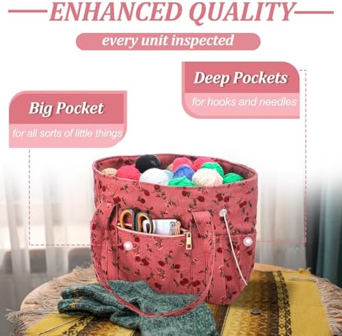 Bulyoou 2 Pcs Crochet Tote and Yarn Bag Set Corduroy Yarn Holder, Flower