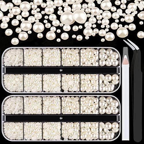 2 Boxes Flatback Nail Pearls for Nail Art Beige Pearl Charms and Gems