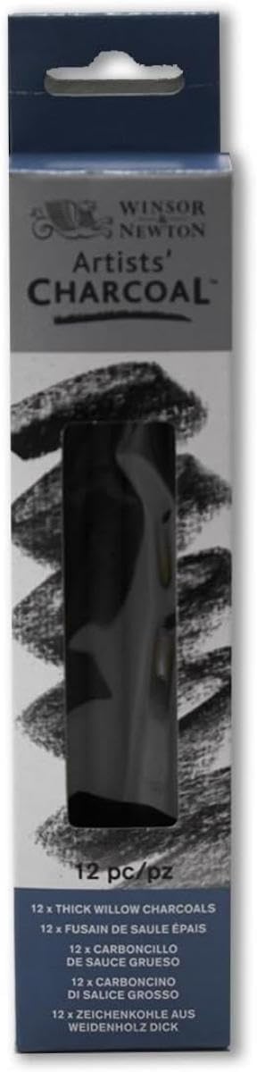 Winsor & Newton Artists' Willow Charcoal, Thick, Box of 12 | Rich Willow Charcoal, Consistent Intensity, Carefully Baked, Create Darkest Black or Smokey Shades
