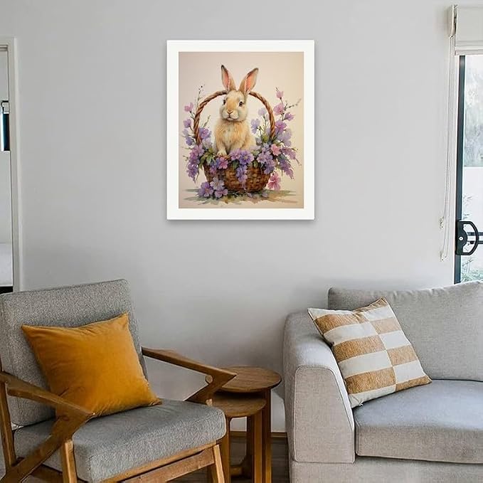 Animal Paint by Numbers Kit for Adults - DIY Bunny in Flower Basket Painting on Canvas 16x20In, Acrylic Paint Set, Suitable for Beginners, Art for Home Decoration or Gifts