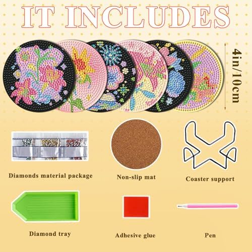 DOTSOPS 6 PCS Flowers Diamond Painting Coasters for Beginners with Holder