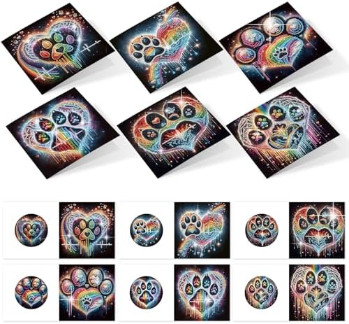 6 Pack Diamond Painting Greeting Cards with Envelopes, DIY 5D Diamond Art Card Kit Colorful Artistic Paw Designs, 30x15cm Handmade Rhinestone Cards Crafts for Pet Lovers and Creative Greetings