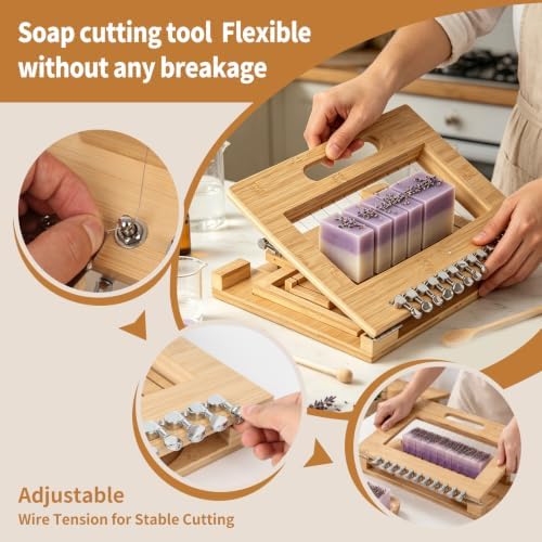 Wooden Soap Cutter,Multi Soap Cutter for Soap Making with Adjustable Stainless Steel Wires,Cuts 1-12 Uniform 1-Inch Bars with 10 Replacement Wires for Candles, Cheese, Butter, DIY Craft Supplies