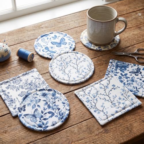 HunnmingRe 20 Pcs 10''x10'' Blue White Flower Quilting Fabric Square Chinoiserie Floral Precuts Quilted Fabric Bundle Butterfly Bird Printed Sewing Material for Holiday Patchwork DIY Craft Supplies