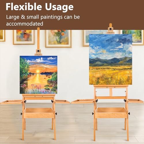 Wooden H-Frame Studio Easel with Storage Drawer and Palettes,Natural | Solid Beechwood Painting Easel for Students, Beginners, and Artists, Hold Canvas to 36Inches High