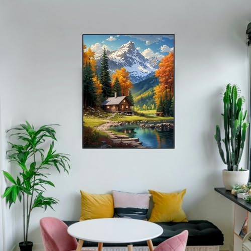 ldazao Mountain Framed Paint by Numbers Kit for Adults Beginner Cabin Adult Paint by Number Artist Kits with Frame On Canvas for Gift Home Wall Decor 9.5x12 Inch