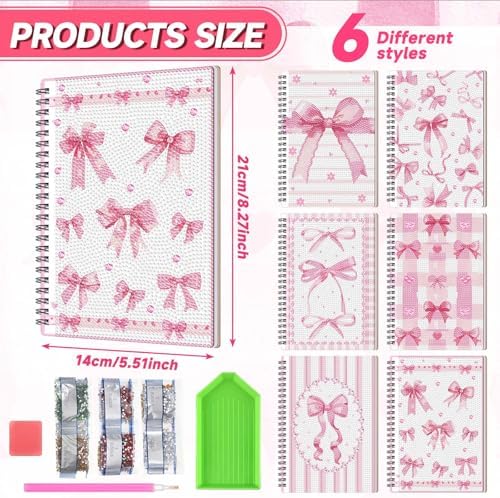 Fullhawl 6 Pack 5D DIY Diamond Art Crafts Kit for Adults Office Supplies Beginner A5 Leather Diamond Painting Gift for Women Art Cover Craft Accessories with Tool (Pink Bow)