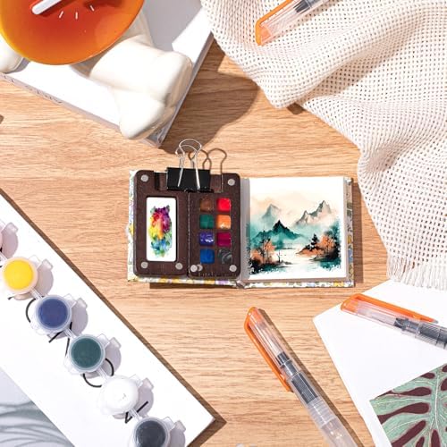 Qilery Mini Portable Watercolor Palette Set Wooden Grid Paint Box Watercolor Paper Sketch Book Brush Pens with Binder Clip for Painters Artist Not Include Paint(Winter Jasmine)