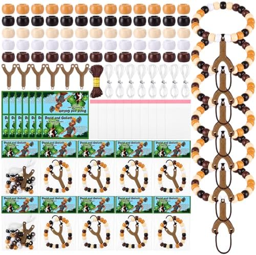 Soulchen 48 Sets David and Goliath Crafts Kit Sunday School Beads Bracelets with Slingshot Making Kit Vbs Craft Christian Religious Card for Classroom Bible Story Party Favor Education Home Activities