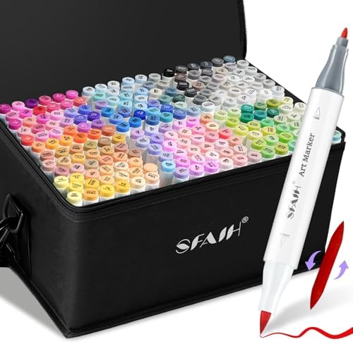 SFAIH Alcohol Markers Brush & Fine - Professional 217 Colors Set, Blending | Art Markers for Adult Coloring Illustration Sketch, Gifts for Artist, Shoulder Strap, Storage Box, Soft Reversible Brush Tip