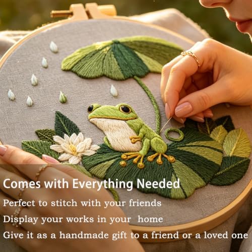 FONNUY Embroidery Kit for Beginners - Frog Under Lotus Leaf DIY Cross Stitch Set, Pre-Printed Fabric with 8’’ Hoop, Cute Rainy Day Art Craft for Adults, Home Decor & Handmade Gift (Green 02)