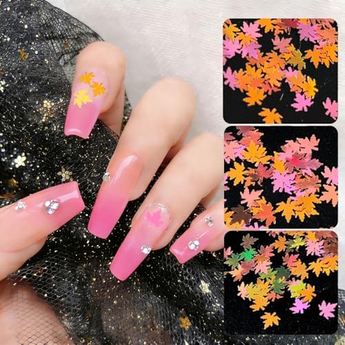 Multicolor Glitter Maple Leaves Sequins Accessories for DIY Journal, Shiny PVC Maple Leaves Confetti for Party Decorations, Mini Leaf Sequins Accessories for Drawing Notebooks.Dark Pink Orange