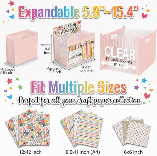 12x12 Scrapbook Paper Storage Organizer with 13 Expandable Pocket, Large Scrapbook Storage for Craft Room Organization, Sticker Storage, Desktop Paper Holder (Pink)
