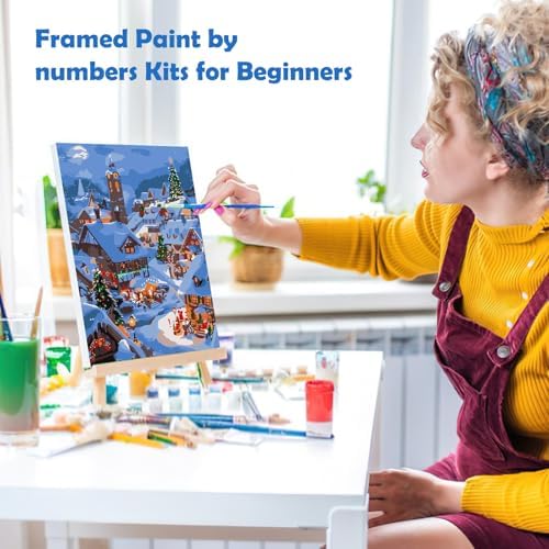 MOGTAA Christmas Paint by Numbers Kit for Adults Beginners with Frame, Christmas Winter Adult Paint by Number Kits on Canvas with Easel, Easy DIY Oil Painting Kits for Home Decor, 8x12in