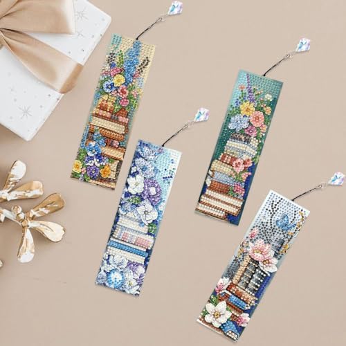 Mandun 4 Pcs Book Diamond Painting Bookmark Kits, Special Shaped Diamond Art Bookmarks with Pendant, DIY Flower Diamond Art Bookmarks with Tassels Crafts Gifts Supplies