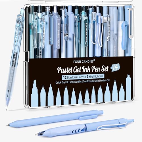 Four Candies Blue Pens, Black & Blue Ink, 0.5mm Fine Point, 2 Highlighters