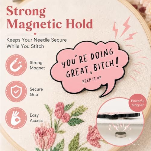 Needle Minder for Keeping Sewing & Embroidery Needles – Magnetic Needlepoint Holder, Cross Stitch Supplies – Secure & Decorative Needle Minders for Stitching & Crafting (You're Doing Great)