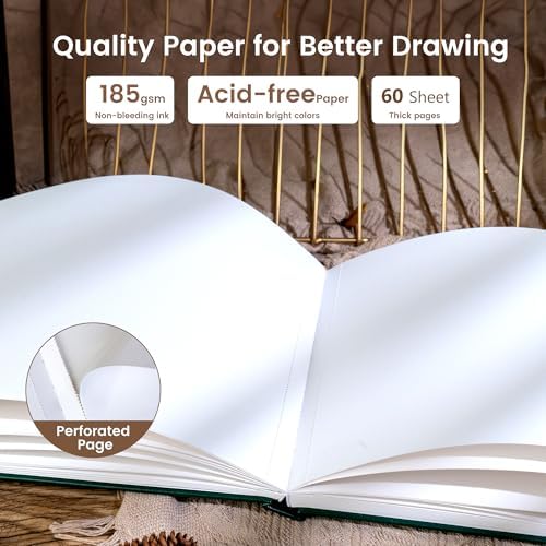 CAGIE Sketch Book for Drawing, 185 GSM Leather Sketchbook 12" x 9", Green