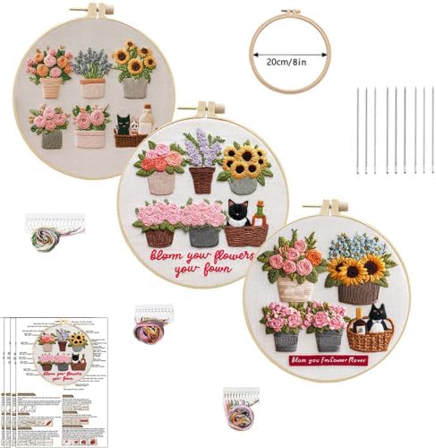 Embroidery Kit for Beginners & Adults with Cat and Flower Pattern