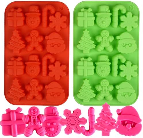 Christmas Silicone Chocolate Molds, 2 PCS Candy Baking Moulds,3D Xmas Tree Snowflake Cane Gingerbread Man Snowman Santa Claus Shape Mold Candy for Chocolate Gummy Soap(Red and Green)
