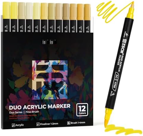 ZSCM 12 Yellow Acrylic Paint Markers, Dual Fine & Brush Tip Acrylic Pens