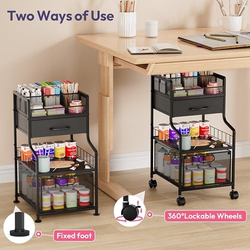 SWTYMIKI Under Desk Storage Cart- Art Storage Cart with Drawers & DIY Divider - Office Cart Organizer Under Desk Shelf, Craft Rolling Cart for Office, Craft Room & Studio Black