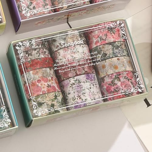 Floral Washi Tape Set - 15 Rolls Flowers Arts Adhesive Tapes Garden Blooms Decorative Masking Tape Sets for Craft, Kids, Scrapbook, DIY, Gift Wrloapping (4-Rose Charm)