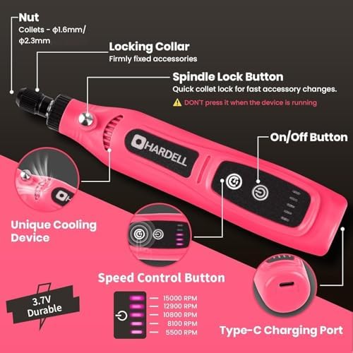HARDELL Mini Cordless Rotary Tool, 43pcs Lightweight Rotary Tool Kit | Low noise, compact Type-C Charging Power Rotary Tool for Engraving, Sanding, Polishing, Drilling, Grinding, Small DIY Crafts