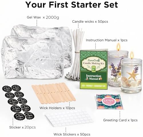 LumaCraft Clear Gel Wax for Candle Making - 4.4LB (2000g) Transparent Jelly Candle Wax with Wicks, Wick Stickers & Holders - Non-Toxic, Unscented DIY Gel Wax for Beginners & Crafters
