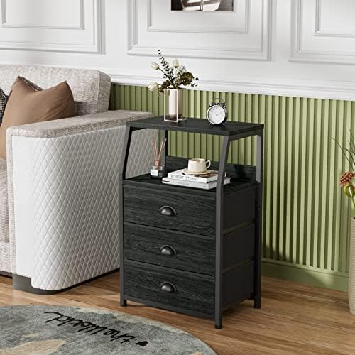 Furnulem Black Night Stand, Small Bedside Table for with 3 Fabric Drawers