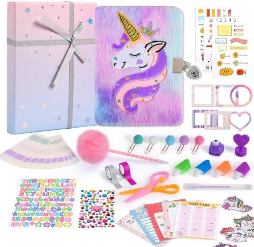 Cherry Tale DIY Journal Kit for Girls, 300+ PCS Scrapbook Kit for Girls Ages 6-14, Fluffy Unicorn Lockable Diary with Keys, Stickers and Markers, 6 7 8 9 10 11 12 13 14 Year Old Girl Birthday Gift