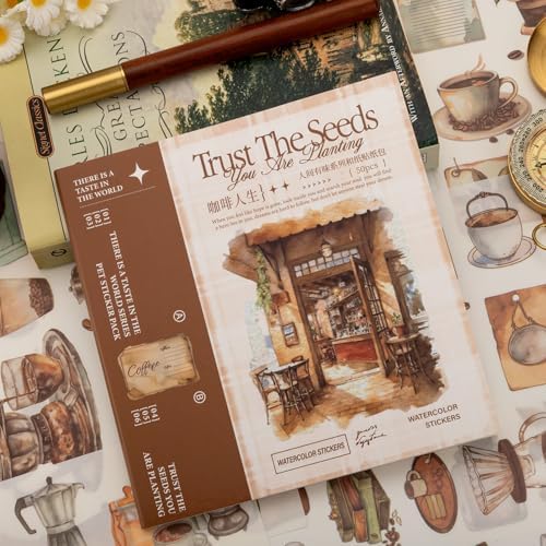 Coffee Themes Sticker Scrapbooking Supplies for Junk Journal, 50 Sheets Washi Stickers - Vintage Journaling Stickers, Ephemera Sticker Book Pre Cut(TZ-005-008)