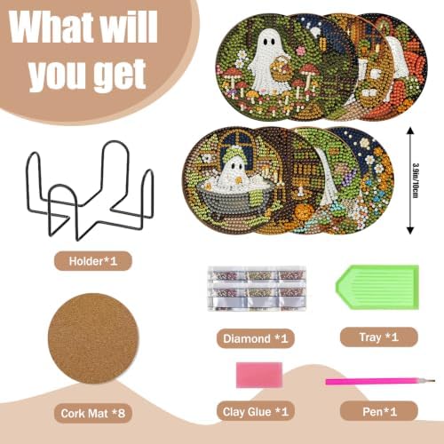 8 Pcs Halloween Diamond Art Coasters Kits, Ghost Diamond Painting Coasters