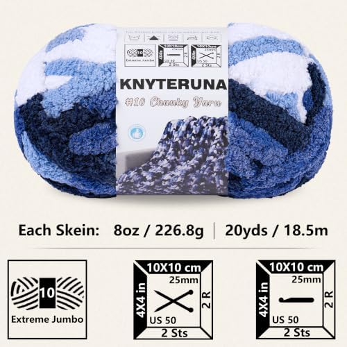 Chunky Yarn for Hand Knitting, #10 Chunky Blanket Chenille Yarn, Large Bulky Thick Jumbo Yarn, Super Chunky Knit Yarn for Crocheting, 8 Skein (8oz,20yds Each Skein), Tie Dye Multi Blue&White
