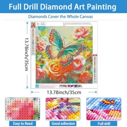 TYPUSOK Butterfly Diamond Art Kits for Adults,Round Full Drill 5D Diamond Painting Kits for Beginners,Flower DIY Diamond Dots Pictures Gem Art Kit,Home Wall Decor 13.78x13.78in