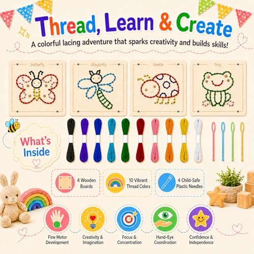 Montessori Wooden Lacing Toys for Toddlers and Kids Ages 2-4 5-7, Sewing Kit Fine Motor Skill Busy Board, Education Sensory Preschool Toy for 1 2 3 4 Year Olds, Birthday Gift for Boys and Girls
