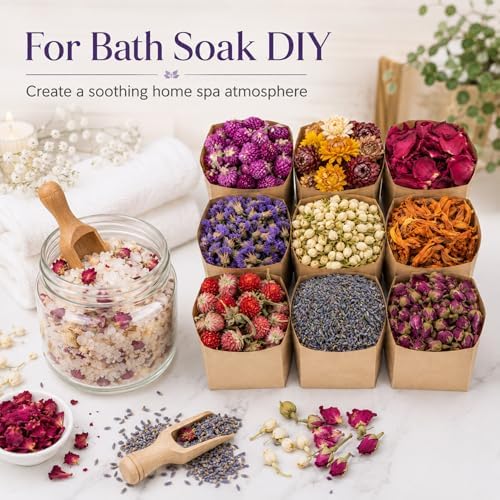 Sukh Dried Herbs Kit - Dried Botanicals Bulk,9 Bags Natural Dry Flowers and Herbs for Soap,Candle,Perfume,Bath Bombs,Resin Jewelry Making Supplies,Fragrance Sachet DIY and Witchcraft