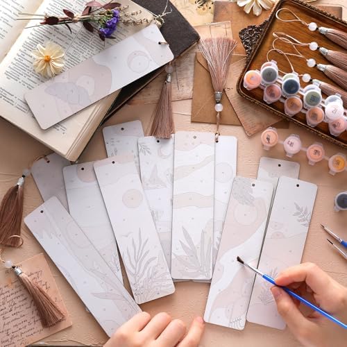 Kosiz 12 Pcs Boho Paint by Number Kit for Adult Wood Bookmark | Mini Paint by Numbers Kit, Painting Decor, Tassels Blank Bookmarks, for Small DIY Craft Book Lovers Gift 7x2 ''