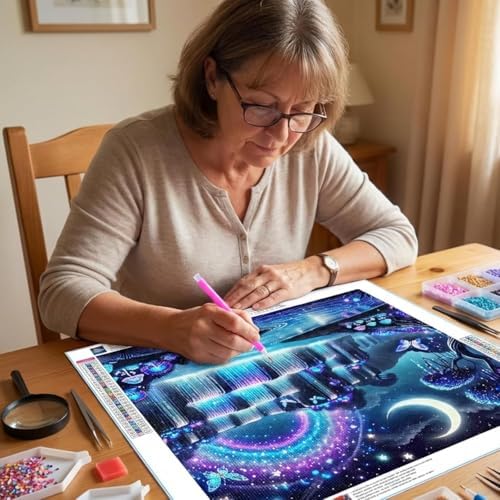 Diamond Art Kits for Adults, Waterfall Moon Diamond Painting Kit for Adults Beginners, Fantasy Rainbow Landscape Round Full Drill Diamond Dots DIY Gem Art Painting KIts for Home Decor 14 X 14 Inch
