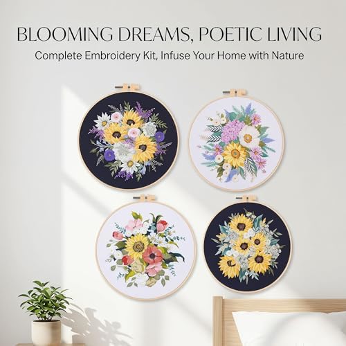 Harimau Adult Beginner Embroidery Starter Kit, Complete Set with 4 Patterns, 2 Hoops, Needles, Scissors, Instruction Guide & Stitching Video Tutorials