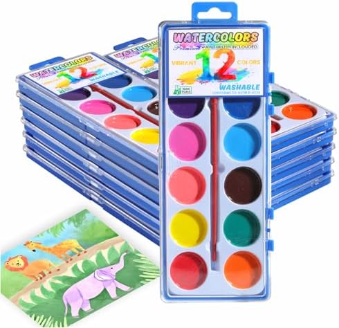 12 Packs Watercolor Paint Set Bulk, 12 Vibrant Colors Washable Watercolors with Brushes for Kids, Art Activities Painting Supplies for School Classroom Home