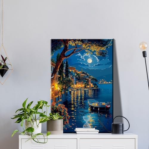 JOOZ Paint by Numbers Kit for Adults with Frame, Moon Paint by Number with Easel, DIY Town Lake Boat Paint by Numbers Landscape for Home Wall Decor 8 x 12 Inch