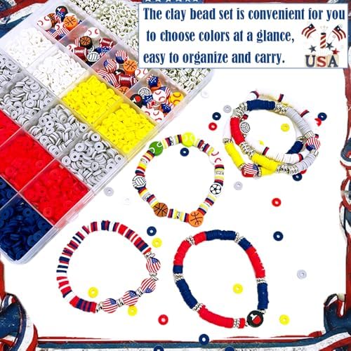 MIIIM Sports Clay Beads Kit for Bracelets Making, Football Heishi Beads, 4th of July Beads Clay Charms and Silver Spacers for Jewelry Making, Friendship Bracelet Kit for Crafts, Concert, Raves