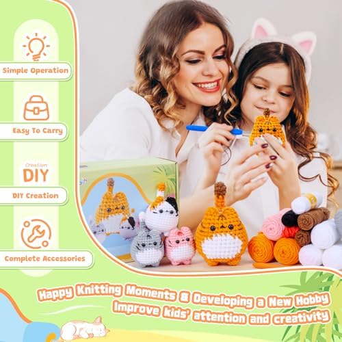 Crochet Kit for Beginners-4PCS Cat Crochet Kits for Adults, Teacher Appreciation Gifts, Crochet Starter Kit with Step-by-Step Video Tutorials, Crochet Animals Kits DIY Craft Kit Learn to Crochet Kits