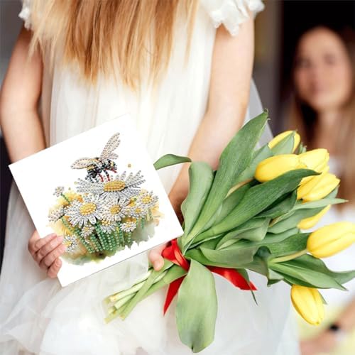 LSQFS 6PCS Daisy&Bee Floral Diamond Painting Greeting Cards with Envelopes