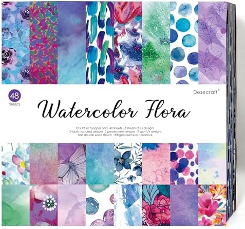 48 Sheets 6x6.5 Cardstock Paper Pad - Watercolor Flora - Pearl Textured UV Printed - Half Double Sided 200gsm Heavyweight for Card Making Origami Journaling Scrapbooking Supplies