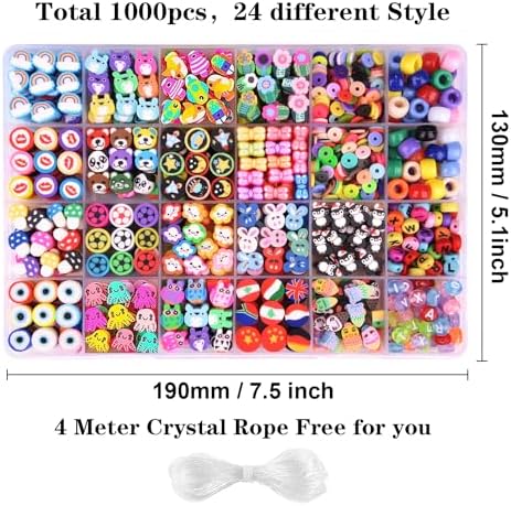 1000PCS Polymer Clay Beads Bracelet Making kit, 24 Style Cute Fun Beads Flower Animal Rainbow Eye Charms for Jewelry Necklace Earring Making DIY Accessories for Women Girls