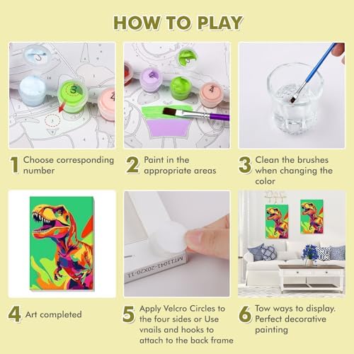 Bowetile Framed Cartoon Paint by Numbers for Kids Beginners, Dinosaur Paint by Numbers for Kids Ages 8-12, Kids Paint by Number Kits on Canvas, DIY Acrylic Number Painting for Home Decor, 8x12in